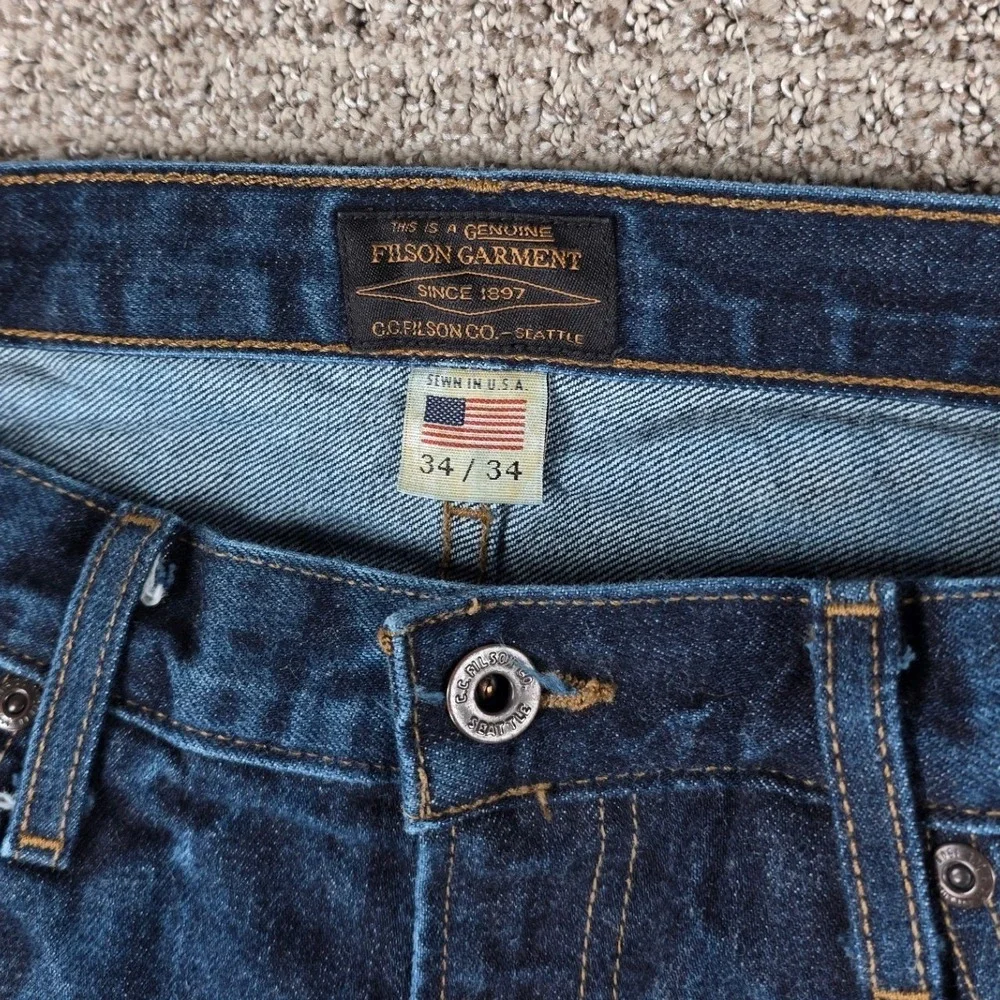 Filson Mens Jeans 34x34 Raw Indigo Made‎ in USA Denim Straight Leg Medium Wash